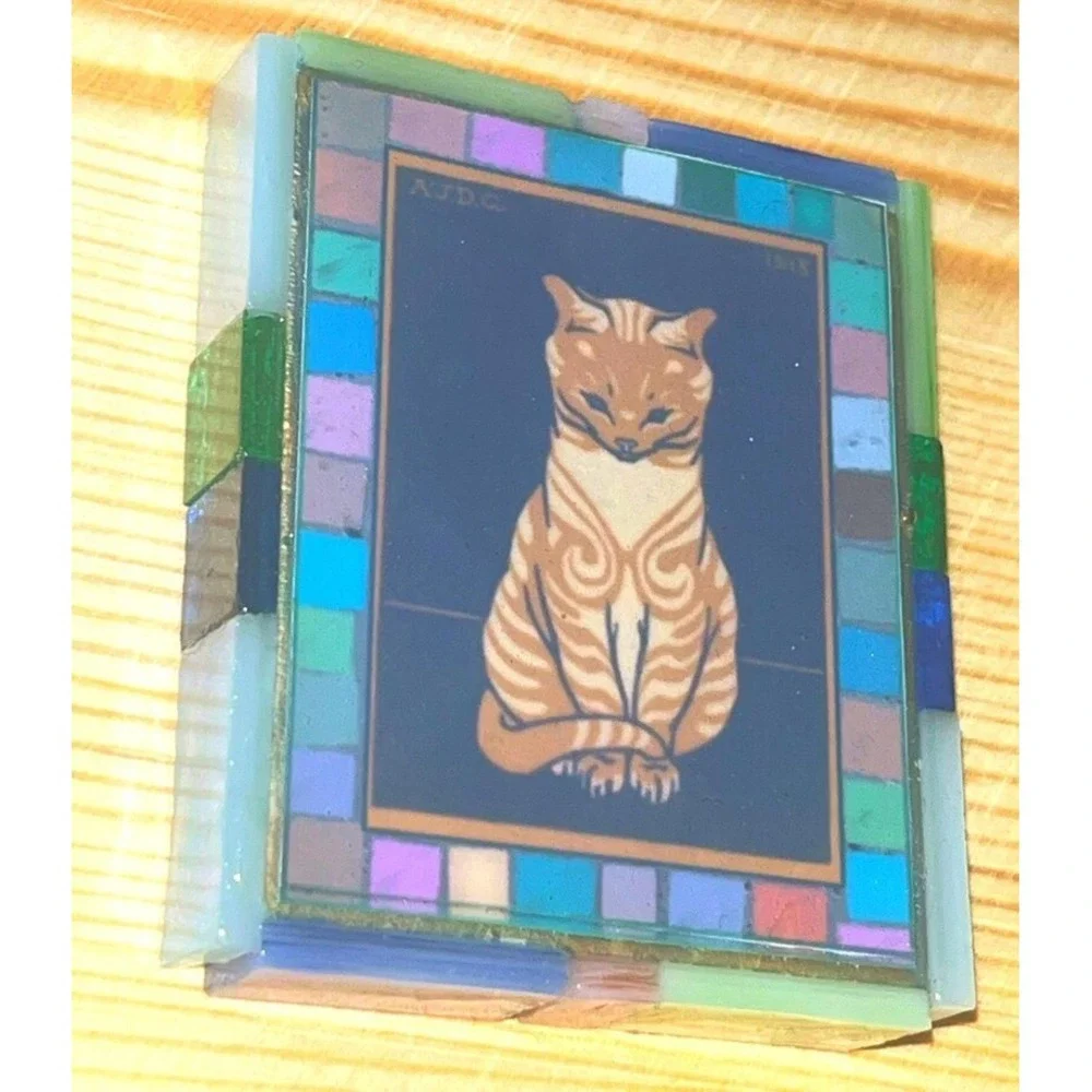 Vintage Cat Magnet Stained Glass Mosaic Border Cat Print on Wood Cat Lover Gift